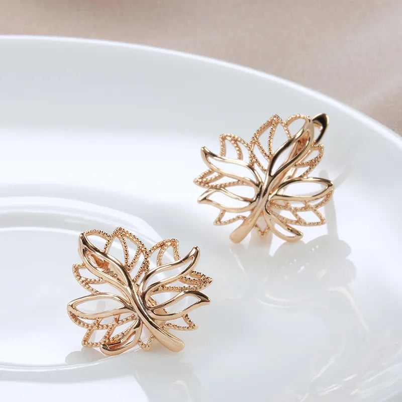 Korean Glossy Hollow Clip Earrings 585 Rose Gold Life Tree Bling Hoops Wedding Earrings for Women Golden Jewelry Christmas Gift