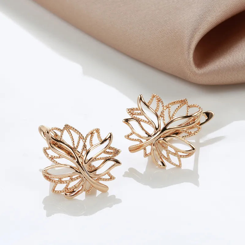 Korean Glossy Hollow Clip Earrings 585 Rose Gold Life Tree Bling Hoops Wedding Earrings for Women Golden Jewelry Christmas Gift