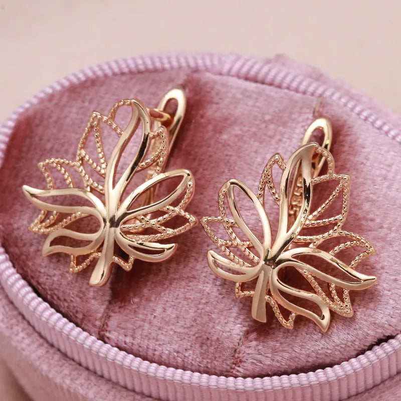 Korean Glossy Hollow Clip Earrings 585 Rose Gold Life Tree Bling Hoops Wedding Earrings for Women Golden Jewelry Christmas Gift