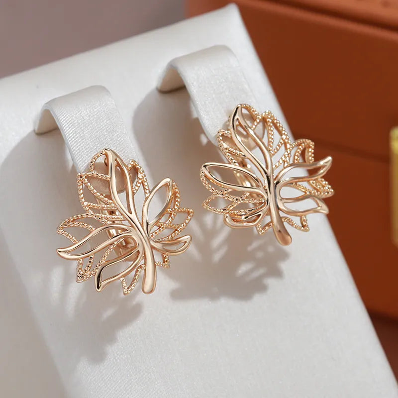 Korean Glossy Hollow Clip Earrings 585 Rose Gold Life Tree Bling Hoops Wedding Earrings for Women Golden Jewelry Christmas Gift
