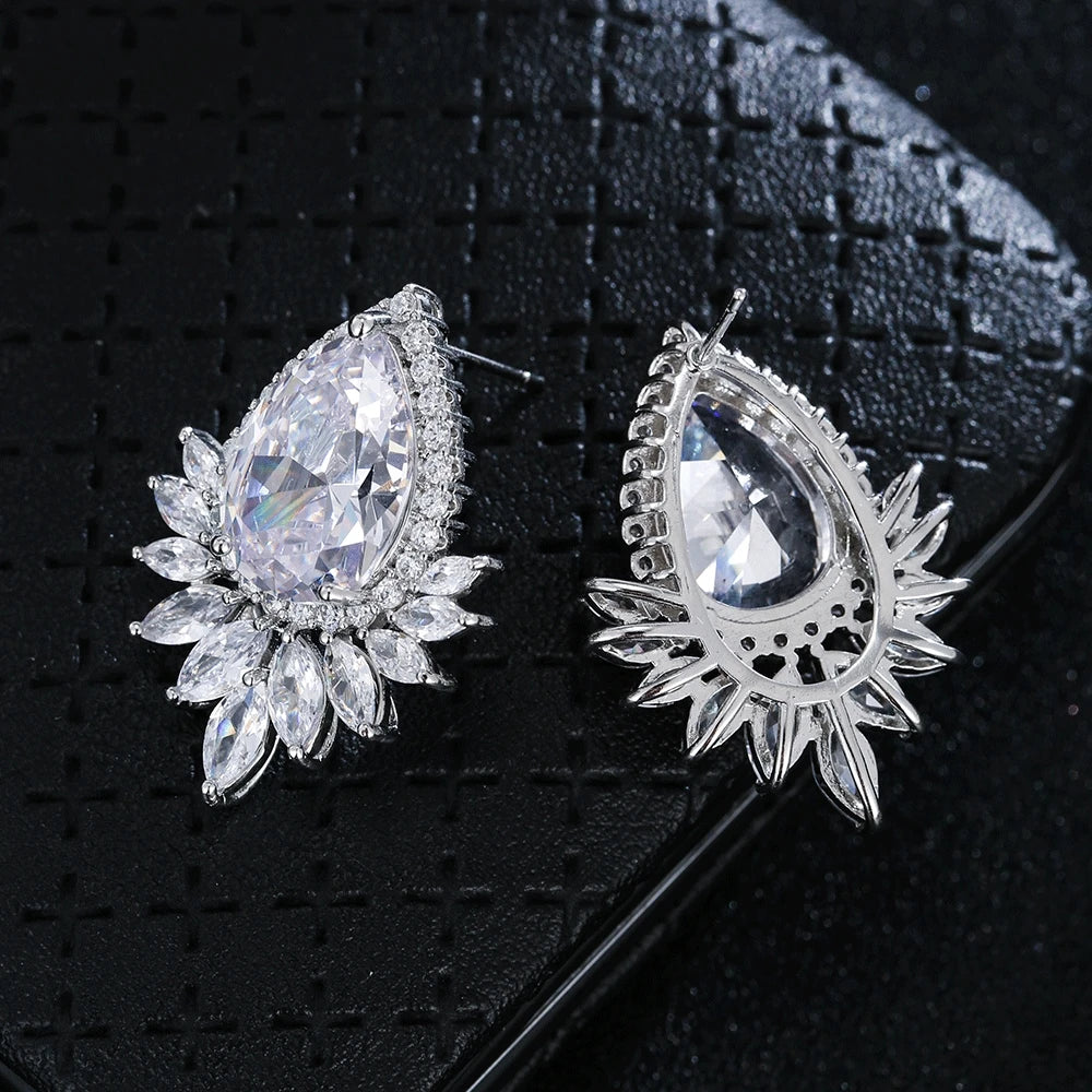 Fashion Teardrop Cubic Zirconia Silver Color Stud Earrings Luxury Leaf Bridal Wedding Brincos Jewelry for Women