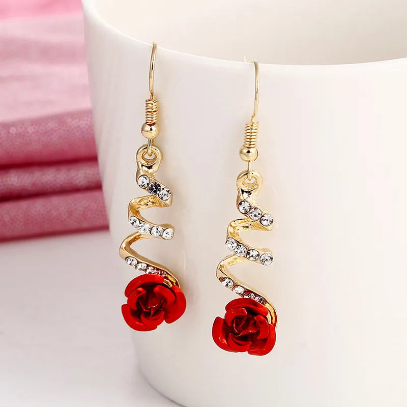 Fashion Rose Flower Drop Earrings for Women Shiny Rhinestone Long Tassel Asymmetry Earring Girls Wedding Party Jewelry