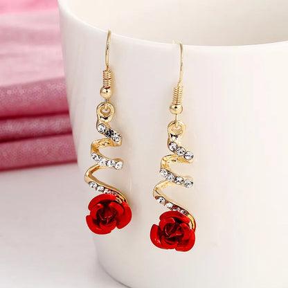 Fashion Rose Flower Drop Earrings for Women Shiny Rhinestone Long Tassel Asymmetry Earring Girls Wedding Party Jewelry