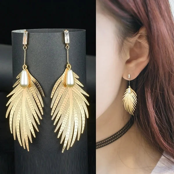 Alloy Exaggeration Heart Leaf Earrings Trendy Pearl Feather Charming Dangler