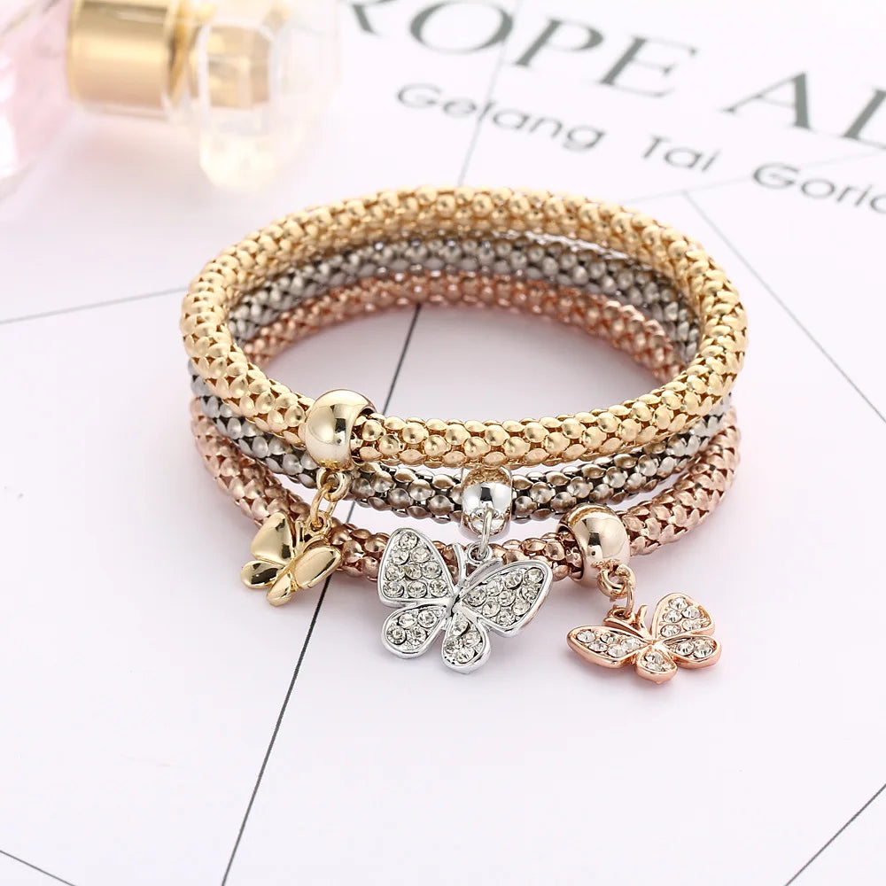 3Pcs Tree of Life Bracelet Crystal Owl Key lock Music Note Owl butterfly Heart Charm Bangle For Women Fashion Jewelry Gift