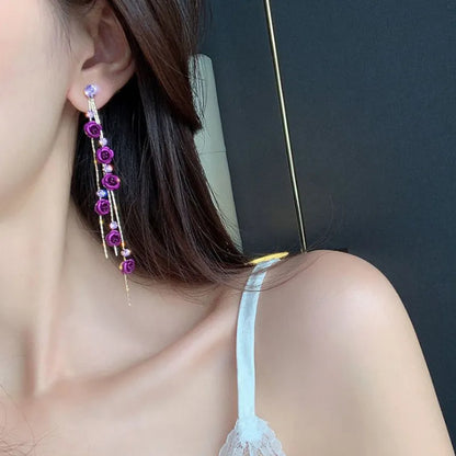 Fashion Rose Flower Drop Earrings for Women Shiny Rhinestone Long Tassel Asymmetry Earring Girls Wedding Party Jewelry