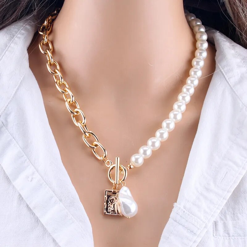 Fashion Chain Pearl Necklace For Women Baroque Pearl Metal Charm Pendant Necklaces Choker Snake Chain Jewelry Gold Silver Color