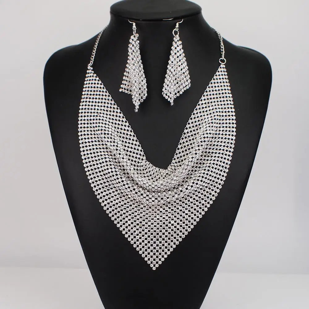 Indian Jewelry Set Shining Rhinestone Metal Slice Bib Choker Necklaces Earrings Party Wedding Fashion Jewelry Sets