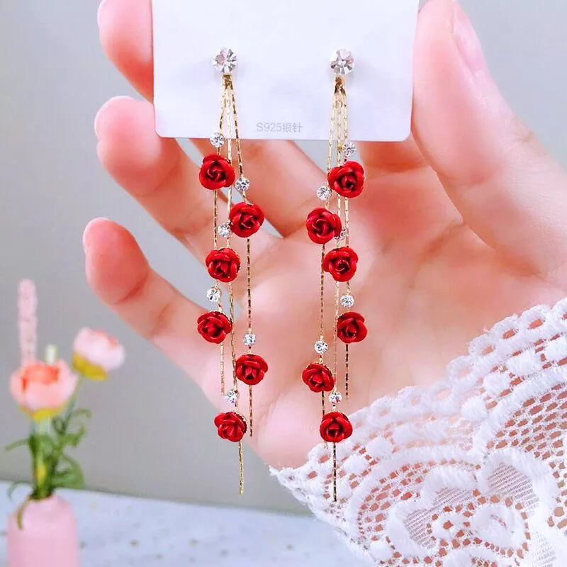 Fashion Rose Flower Drop Earrings for Women Shiny Rhinestone Long Tassel Asymmetry Earring Girls Wedding Party Jewelry