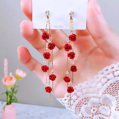 Fashion Rose Flower Drop Earrings for Women Shiny Rhinestone Long Tassel Asymmetry Earring Girls Wedding Party Jewelry