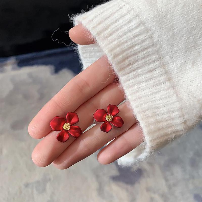 S925 Silver Needle Senior Red Petals Net Red Temperament Cute Small Flower Earrings Female Jewelry Earings Fashion Jewelry