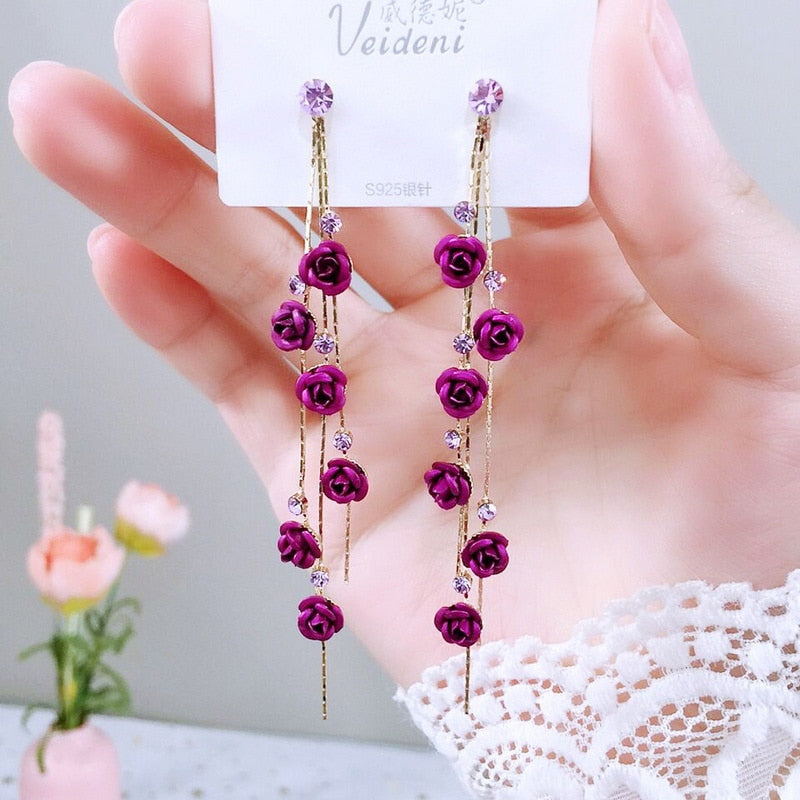 Fashion Rose Flower Drop Earrings for Women Shiny Rhinestone Long Tassel Asymmetry Earring Girls Wedding Party Jewelry