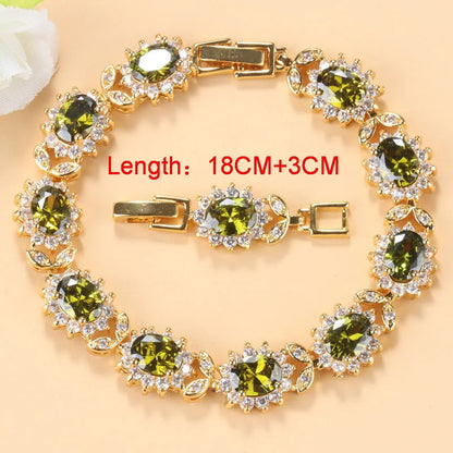 Cubic Zirconia Women Accessories 18K Gold Plated Olive Green Zirconia Charm Bracelet And Ring Jewelry Sets