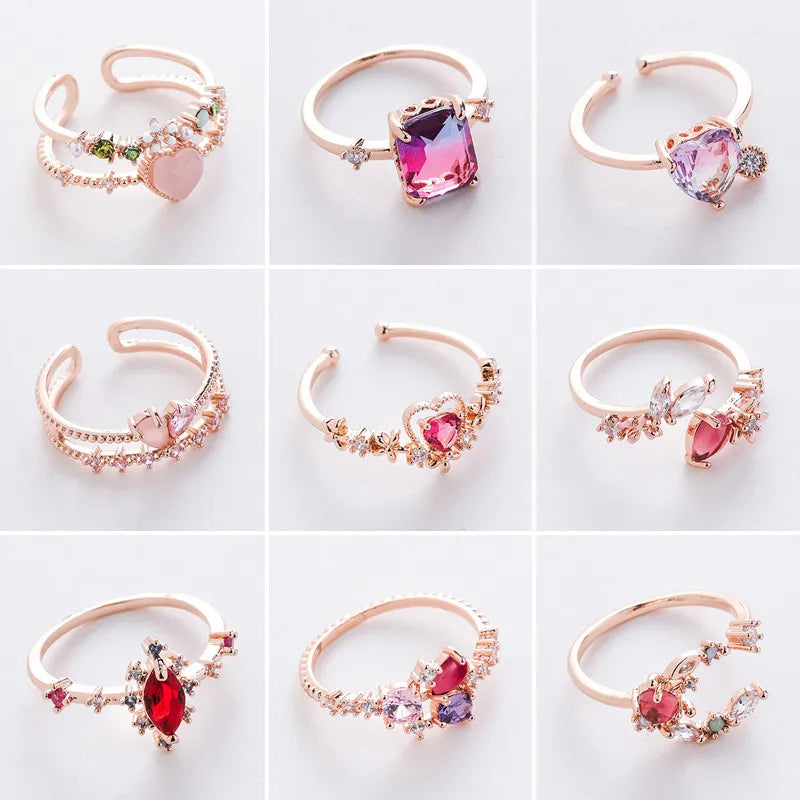 New Delicate Zircon Rings Micro-inlaid Crystal Elegant Flowers Heart Rings For Women Adjustable Opening Rings Party Jewelry