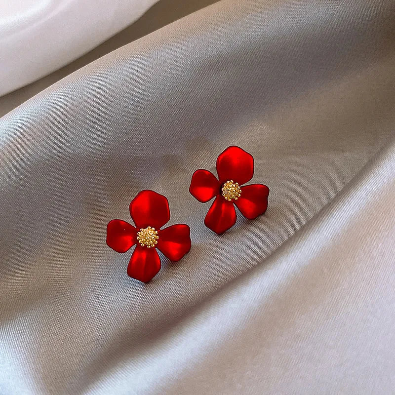 S925 Silver Needle Senior Red Petals Net Red Temperament Cute Small Flower Earrings Female Jewelry Earings Fashion Jewelry