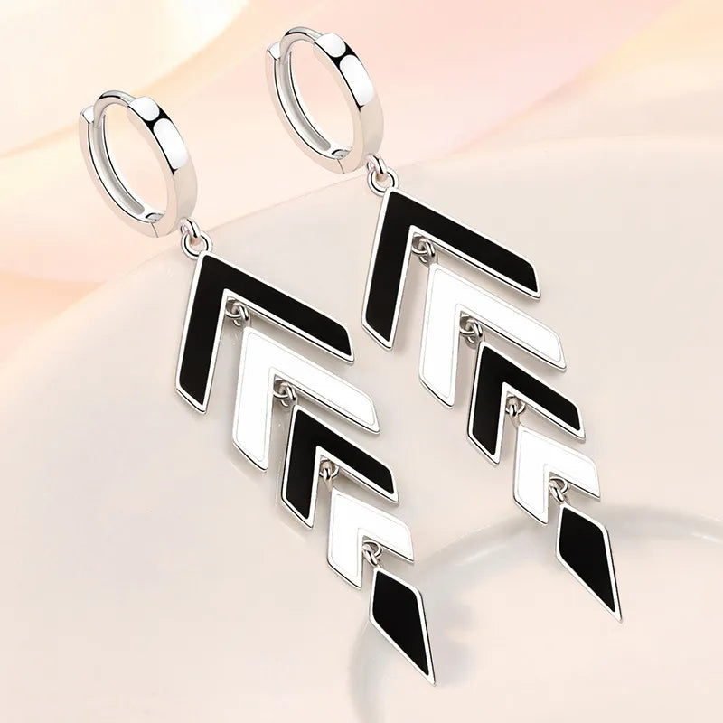 KOFSAC Trendy Chic Black White Arrow Long Tassel Hoop Earrings For Women 925 Sterling Silver Earring Lady Party Jewelry Gifts