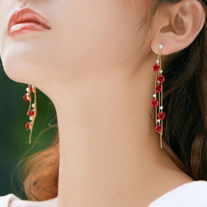 Fashion Rose Flower Drop Earrings for Women Shiny Rhinestone Long Tassel Asymmetry Earring Girls Wedding Party Jewelry