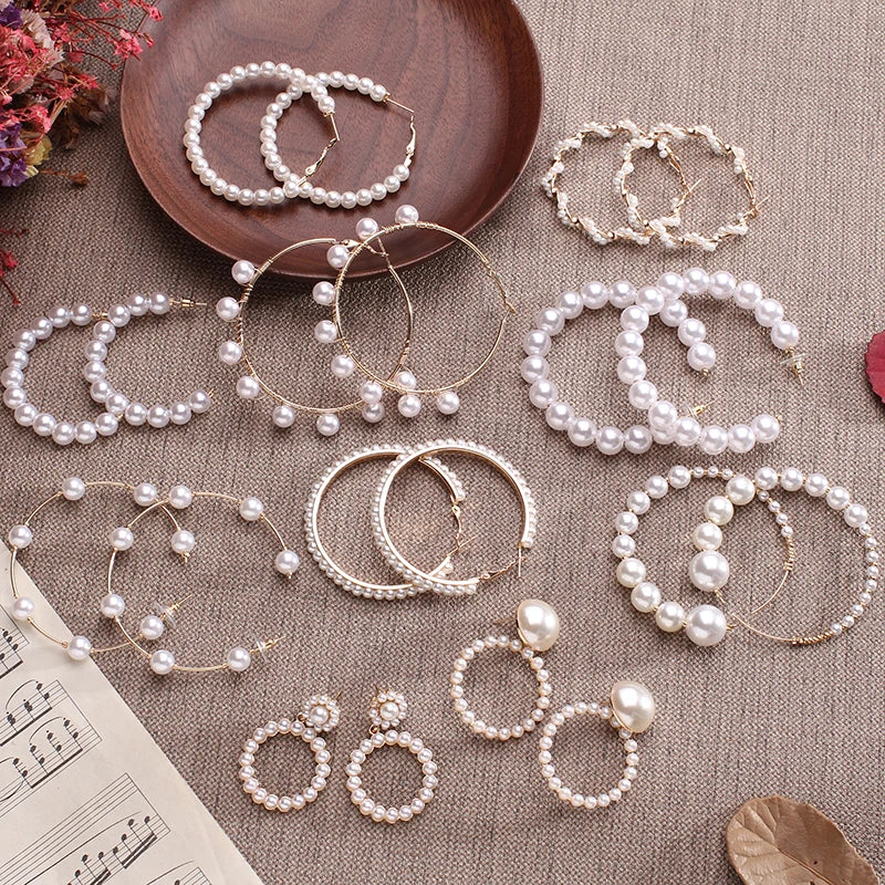 New white boho imitation pearl round circle hoop earrings jewelry statement earrings