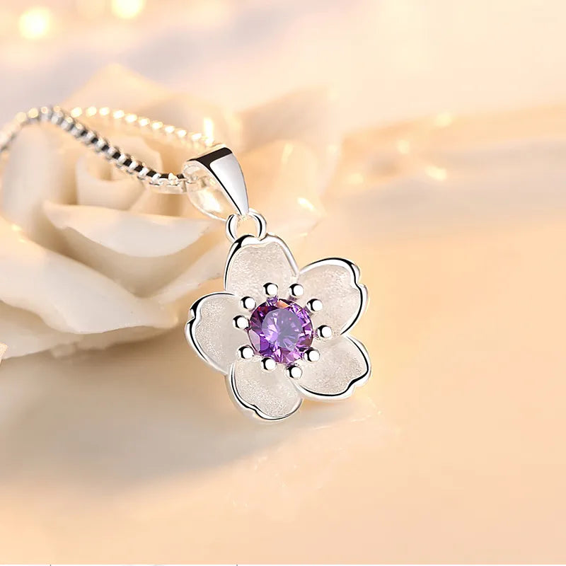 925 Sterling Silver Pink Purple Peach Blossom Necklaces For Women Luxury Quality Jewelry Free Shipping Offers GaaBou Jewellery