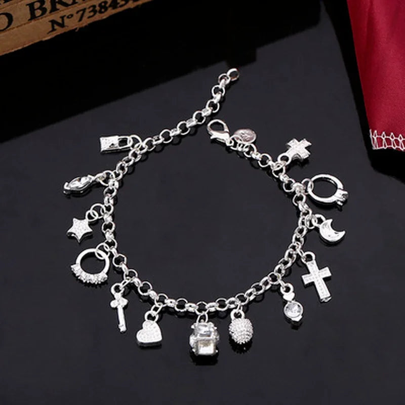 925 Sterling Silver Fashion 13pcs Pendant Chain Charm Bracelet for Women for Teen Girls Lady Gift Women Fine Jewelry
