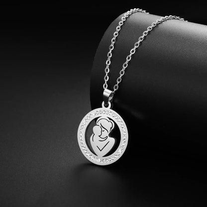 Cazador Family Mom Kid Baby Round Pendant Necklace Stainless Steel Gold Color Clear Zircon Chain Jewelry Mother&