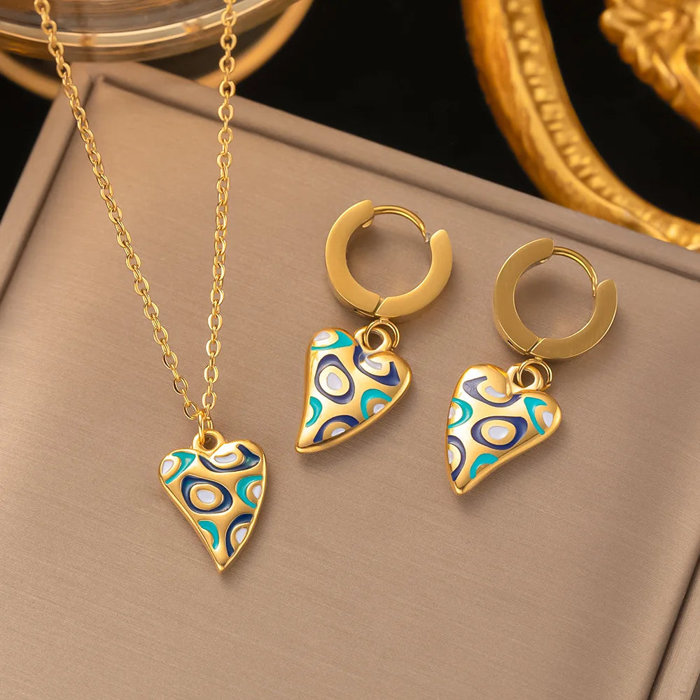 Fashion Four-leaf Clover Stainless Steel Earrings Necklace Set For Women Lucky Turkish Blue Eyes Drop Pendant Daywear Jewelry