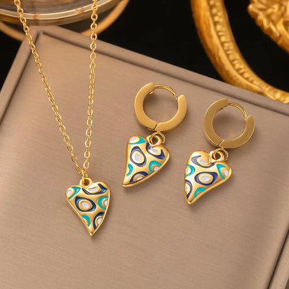 Fashion Four-leaf Clover Stainless Steel Earrings Necklace Set For Women Lucky Turkish Blue Eyes Drop Pendant Daywear Jewelry