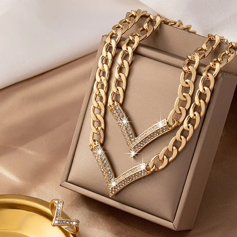 Geometric V-shaped Necklace Bracelet Ring Set For Women Collarbone Chain Party Gift OL Fashion Jewelry CS008