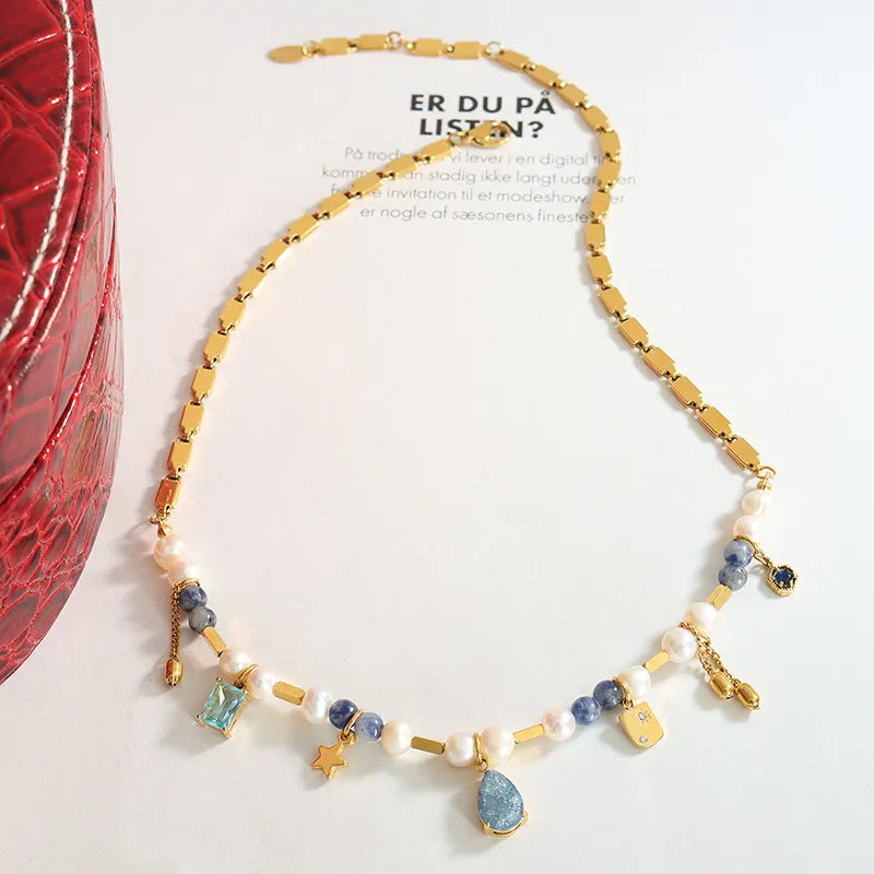 French Retro Style Necklace Multi Material Splice Necklace Freshwater Pearl Necklace Fashion Stainless Steel Collar Chain