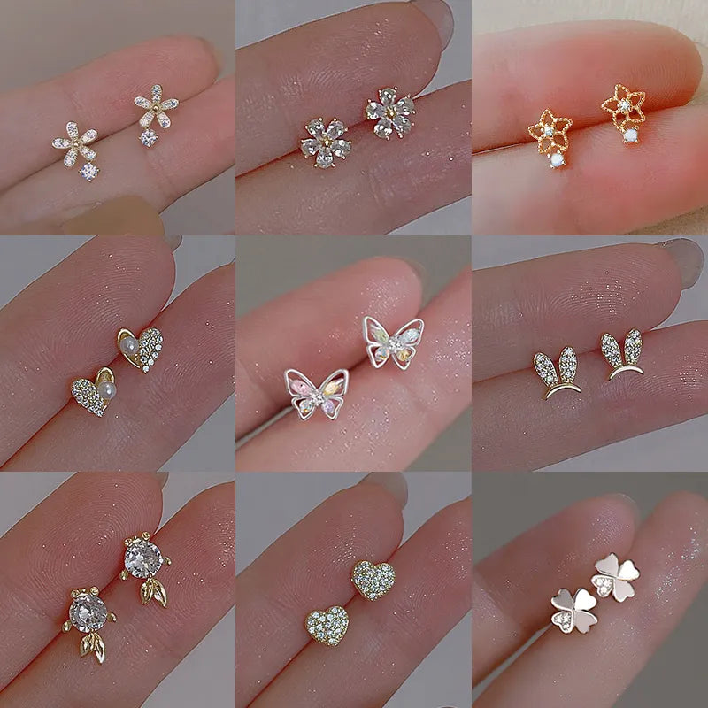 A Pair Silver Plated Ear Piercing Jewelry Romantic Zircon Flower Butterfly Stud Earrings for Women Girl Teen Jewelry Accessories