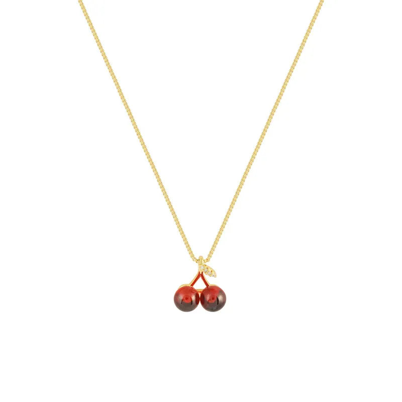 New Wine Red Cherry Gold Colour Pendant Necklace For Women Personality Fashion Necklace Wedding Jewelry Birthday Gifts