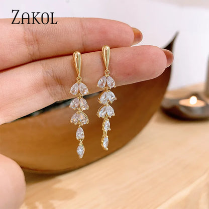 ZAKOL Korean Charm Gold Color Leaves Earring for Women Exquisite Zirconia Dangle Earrings Elegant Crystal Wedding Jewelry EP2908