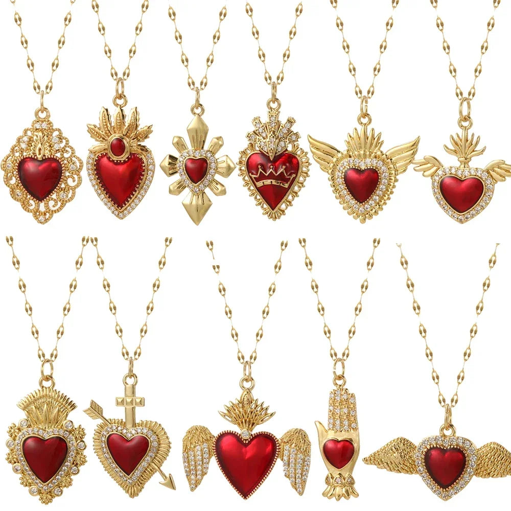 Cute Heart Pendant Necklace for Women Red Love Dijes Gold Color Collares Long Stainless Steel Chains Excellent Quality