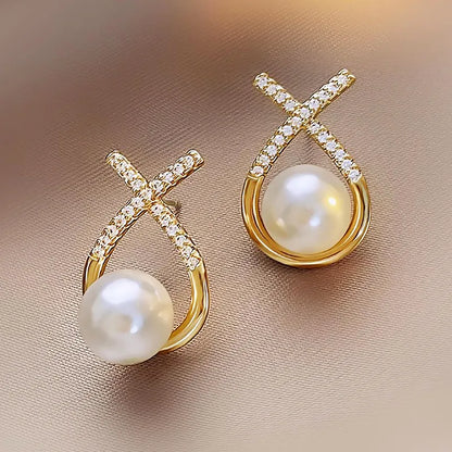 Gold Color Metal Fashion Korean Pearl Earrings For Women Sparkling Zircon Pendant Cuff Clip Earrings Wedding Party Jewelry Gifts