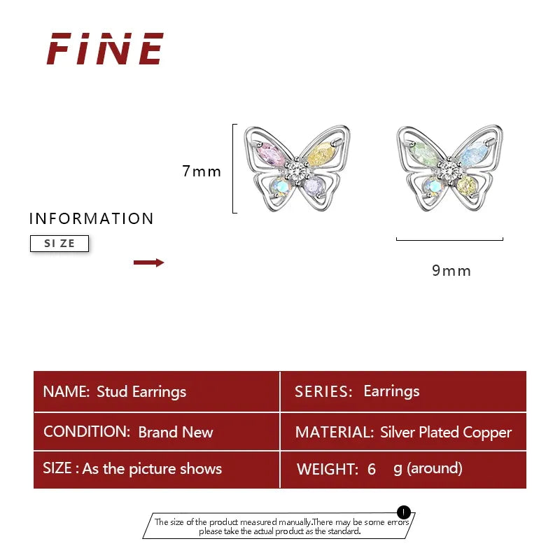 A Pair Silver Plated Ear Piercing Jewelry Romantic Zircon Flower Butterfly Stud Earrings for Women Girl Teen Jewelry Accessories