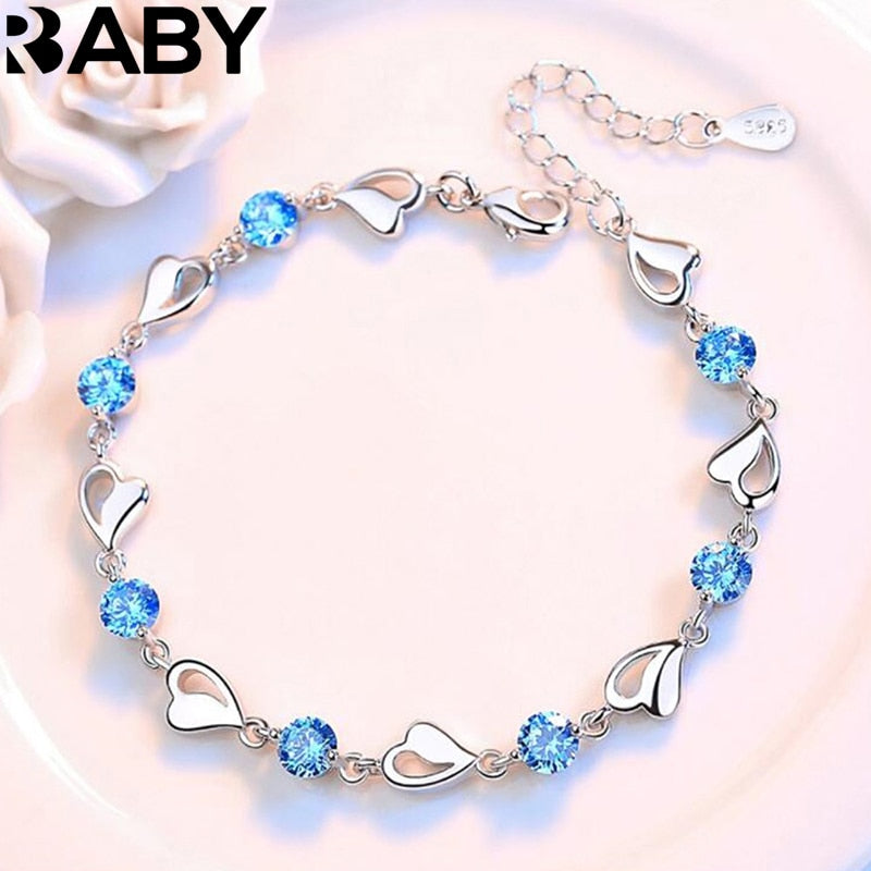 URBABY 925 Sterling Silver Bracelet Jewelry High Quality Retro Heart Wedding Shaped Cubic Zirconia Length 17CM+4CM