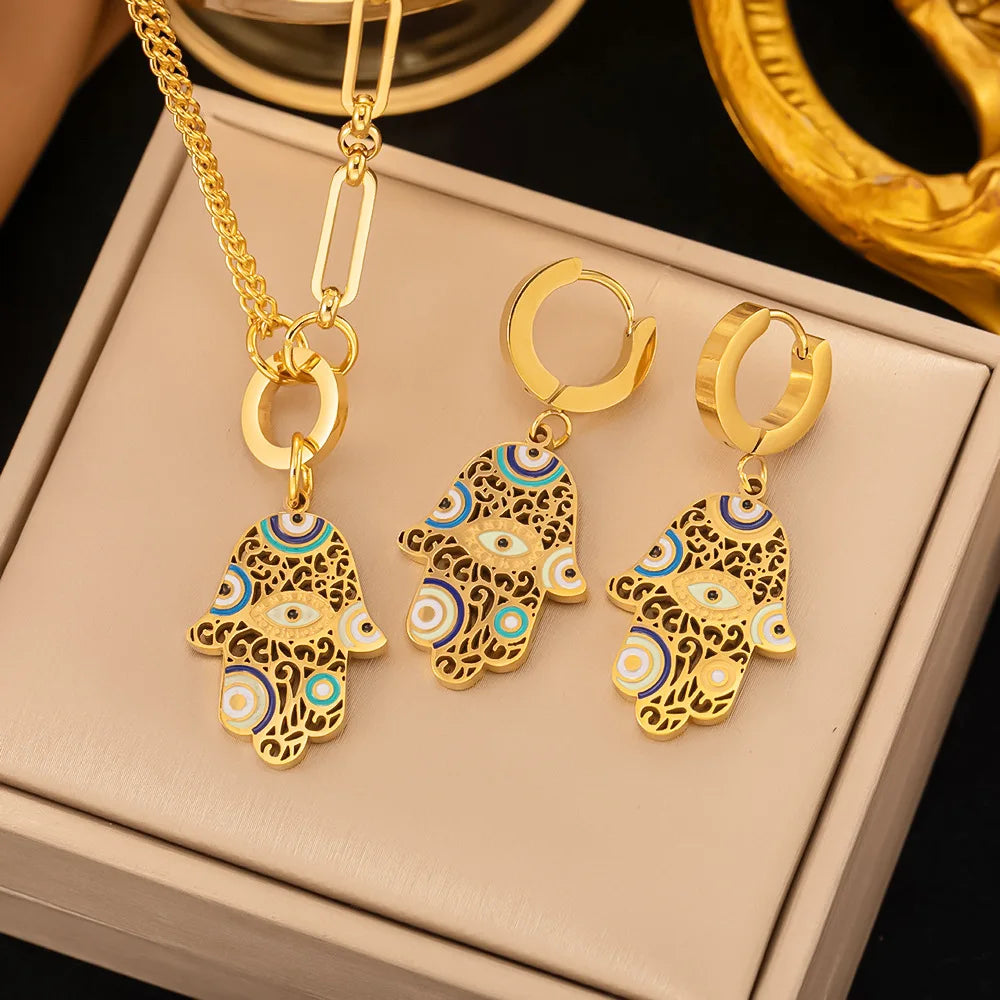 Fashion Four-leaf Clover Stainless Steel Earrings Necklace Set For Women Lucky Turkish Blue Eyes Drop Pendant Daywear Jewelry