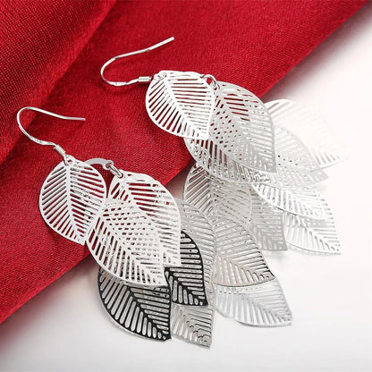 925 Sterling Silver Earrings fashion Jewelry Woman Layered Hollow Leaves Tassel Long Drop earrings Trendsetter Christmas Gifts