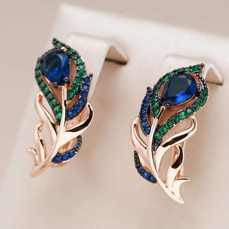 Kinel Hot Blue Natural Zircon Drop Earrings For Women 585 Rose Gold and Black Plating Vintage Crystal Leaf Daily Fine Jewelry