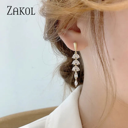 ZAKOL Korean Charm Gold Color Leaves Earring for Women Exquisite Zirconia Dangle Earrings Elegant Crystal Wedding Jewelry EP2908