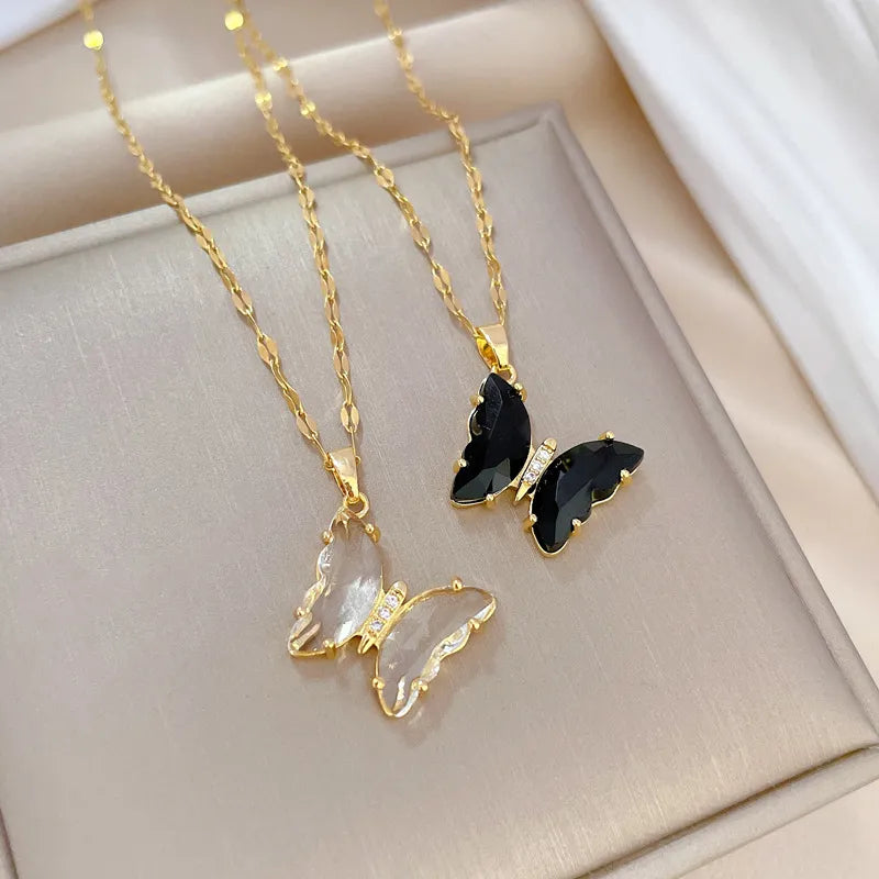 DIEYURO 316L Stainless Steel Black White Crystal Butterfly Pendant Necklace Earrings For Women Girl Fashion New Jewelry Set Gift