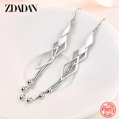 ZDADAN 925 Sterling Silver Geometric Long Tassel Drop Earrings For Women Wedding Jewelry