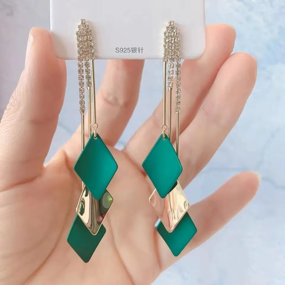 Korean Fashion Long and Wide Tassel Earrings Blue and Green Valentine&