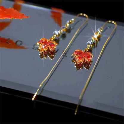 French Vintage Crystal Zircon Red Maple Leaf Earrings for Women Temperament Rhinestone Tassel Earrings Party Jewelry Bijoux Gift