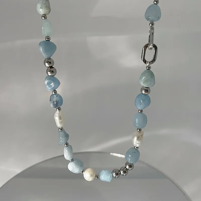 2022 New fashion blue natural stone mix freshwater pearl summer irregular original design sense INS exquisite necklace