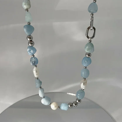 2022 New fashion blue natural stone mix freshwater pearl summer irregular original design sense INS exquisite necklace