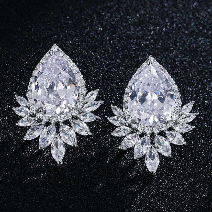 Fashion Teardrop Cubic Zirconia Silver Color Stud Earrings Luxury Leaf Bridal Wedding Brincos Jewelry for Women