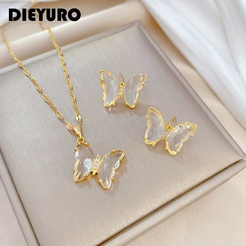 DIEYURO 316L Stainless Steel Black White Crystal Butterfly Pendant Necklace Earrings For Women Girl Fashion New Jewelry Set Gift