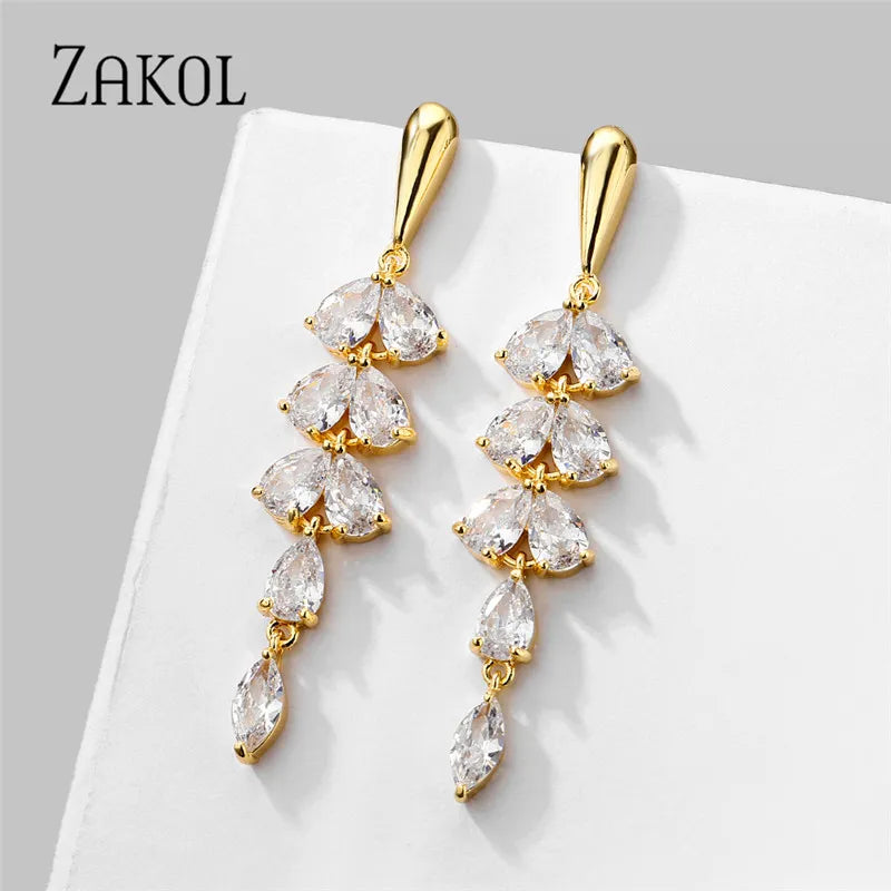 ZAKOL Korean Charm Gold Color Leaves Earring for Women Exquisite Zirconia Dangle Earrings Elegant Crystal Wedding Jewelry EP2908