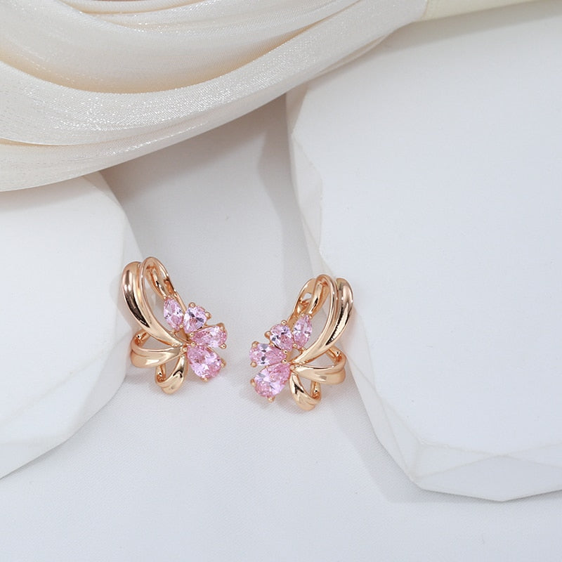 Geometric Pink Zircon English Lock Clip Earrings For Women 585 Rose Gold Color Vintage Wedding Trendy Jewelry Sexy Earrings